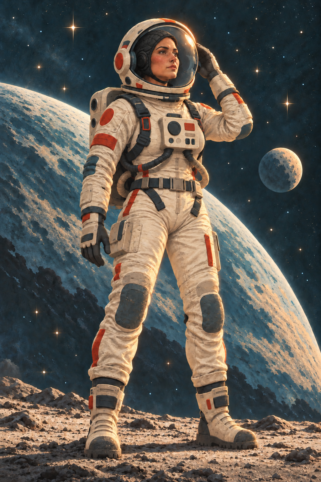 Annie Albaugh in a spacesuit on a distant moon